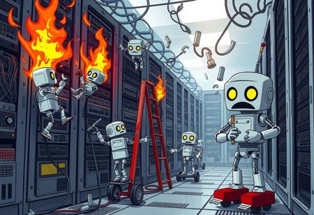A whimsically chaotic data center with flames and sparks flying comically from overheated servers. Endearingly clueless robots dressed clamber up server racks with comically oversized tools, and roll around on squeaky wheels carrying tangled cables and mismatched parts. The bumbling robots only create more chaos as they clamber up server racks with comically oversized tools in their attempts to fix things. Robots on ladders juggle spanners and drop screws, causing a frantic buzz. A larger, frazzled, and depressed robot looks on with an comically exasperated expression as they watch their tiny co-workers only make things worse.