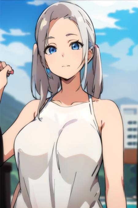 girl, white hair, two pigtails, white dress, yellow sandals, blue eyes,