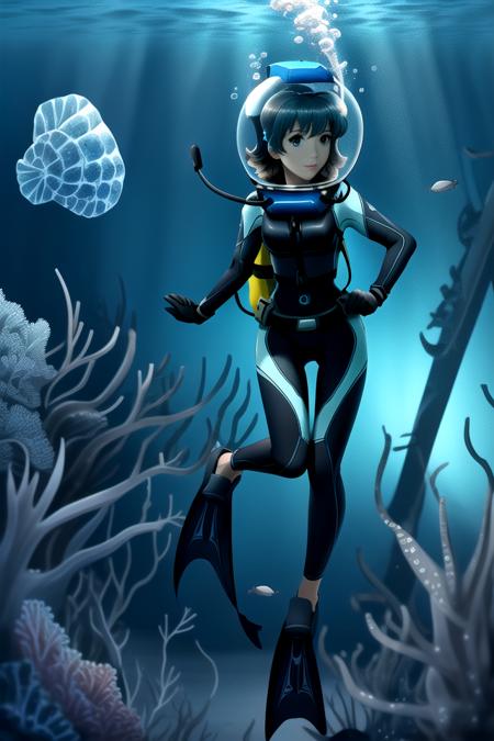 Pretty female scuba diver swimming underwater, ultra detailed, ((full body diving suit)), gloves, sharp focus, crystal clear, masterpiece, (1girl), (alone), ((underwater)), weight belt, ((lama scuba helmet)), (diving watch), (((deep sea dive))), ocean abyss, dim blue lighting, caustic effects, ((perfect anatomy)), ((perfectly drawn face)), ((perfectly drawn hands)), ((perfectly drawn eyes)), (black fins), underwater background, anime still, fish school, [fish], (coral reef), alguae, high tech wreckage, high tech machinery, <lora:lama_scuba_helmet_rev2-10:0.825>