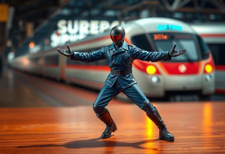 Agent of Judgment warrior on warm wooden surface. Dynamic pose, outstretched arms, legs apart. Blue uniform, black helmet visor, belt, boots. Super Express Bullet Train in background. Ultra-detailed collectible photograph, sharp focus, cinematic studio lighting, macro shot, photorealistic, trending on Artstation, cgsociety.