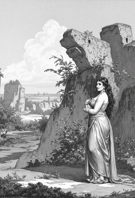 illustration of Vermeer's Girl with a Pearl Earring, monochrome, she is standing outdoors