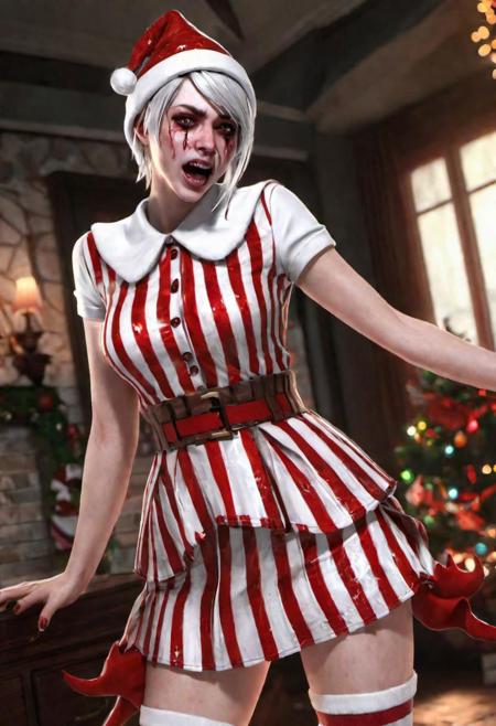  masterpiece, demented Christmas elf, red and white plasma spatter (((peppermint striped outfit)), short skirt red and white and bloody dark psychology, Eclipse, pointy ears, Test, HGHD taarna, highly realistic, ruddy skin, beautiful, full lips, evil smile, feeling of despair and solace, hyperrealism, skin very elaborated, direct gaze, against a snowy christmas background, 70mm, F/1.6), (Photo Focus, DOF, Aperture, insanely detailed and intricate, character, hyper-maximalist, beautiful, revealing, appealing, attractive, amative, hyper realistic, super detailed)(DOF, blurry background, sunrise)(Lens Flare:1.3)Heresy flare (smiling at the viewer)(skinny, slender, fit, perky , abs by HGHD