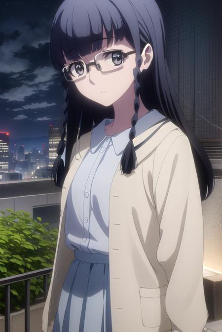 setsunashimazaki, <lora:setsuna shimazaki s1-lora-nochekaiser:1>,
setsuna shimazaki, long hair, bangs, (black eyes:1.5), black hair, braid, glasses, blunt bangs, twin braids, semi-rimless eyewear, under-rim eyewear,
BREAK shirt, blue shirt, collared shirt, cardigan, yellow cardigan, skirt, blue skirt,
BREAK outdoor, city, night, sky, buildings, moon, clouds,
BREAK looking at viewer, (cowboy shot:1.5),
BREAK <lyco:GoodHands-beta2:1>, (masterpiece:1.2), best quality, high resolution, unity 8k wallpaper, (illustration:0.8), (beautiful detailed eyes:1.6), extremely detailed face, perfect lighting, extremely detailed CG, (perfect hands, perfect anatomy),