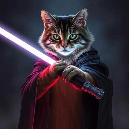 a cat embracing a lightsaber like a sith lord, darkness