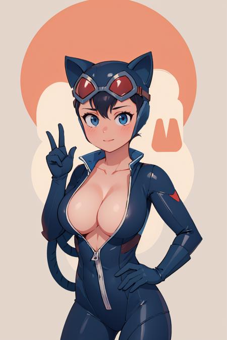 (masterpiece, best quality:1.2),  <lora:catwoman:1>, catwoman, 1girl, solo, looking at viewer, bodysuit, goggles on headwear, helmet, cat ears, cleavage, tight,