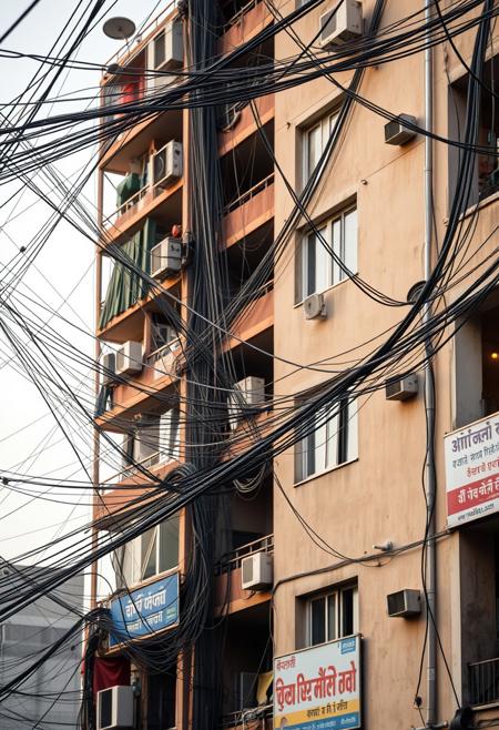 A beautifully composed professional photograph of an apartment building in New Delhi, focusing on the mass of cables, power lines, tangled phone wires and cable TV wires. Insane amount of wires, ultra realistic and detailed, banners and advertisements in Hindi, buildings are heavily weathered and dirty, pleasing early morning light