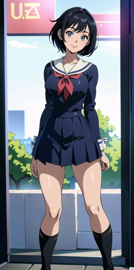 (anime,8k,best quality, masterpiece:1.2),((ultra-detailed,detailed beautiful girl:1.4)),1 girl,full body shot, <lora:Mistoon_Anime school uniform:0.4>Anime school uniform,(face),beautiful eyes,black short hair,smile,slender,posing