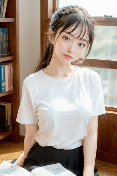 (4k, best quality), (realistic, photo-realistic),(vgirl),
1girl, solo,upper body, black hair, head tilt, 
(looking_at_viewer),smile,sitting,arms behind back, 
white shirt, 
indoors,book, window, 
<lora:vgirl_v11:0.7>