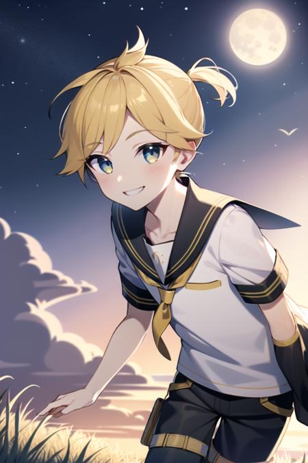 masterpiece, best quality, <lora:KagamineLenV1:0.7>, 1boy, sailor_collar, Kagamine_Len, yellow hair, (8k:0.7), (detailed Background of a meadow:0.7), (dusk:0.6), moon, smile, short pants and sleeve, white shirt