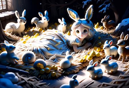 lazypos, straw threads, SnowWhite1024
Snow white laying on a bed made of straw surrounded by cutsey woodland animals