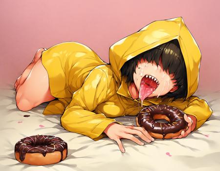 score_9, score_8_up, score_7_up, score_6_up, score_5_up, score_4_up, solo,
, naughty_face  ,
solo, 1girl, sixSDXL,short hair,black hair,hood,hood up,hair over eyes,raincoat,yellow raincoat,sharp teeth,cowboy shot,meduiem breast,all fours, thick_thighs ,bare foot, pov_crotch , feet, feet_up ,legs_up ,looking at viewer, on stomach, tongue ,tongue_out ,very long tongue ,open mouth, saliva,saliva_trail ,saliva_drip ,licking donuts, chocolate doughnut, food on face, chocolate on face, covered in chocolate , box of donuts,in a box, doughnut background, best quality, highly detailed, masterpiece,<lora:Donutified_World_Morph:0.3>, <lora:NiseMIDIdoronokai_Ishikei_Assorted_Doujin_Artstyle_Blend_PonyXL:0.7>, zPDXL3 ,<lora:MeMaXL_V2:0.2>,  <lora:six:0.5>