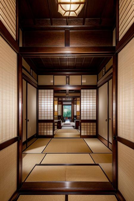 japaninterior, living room, oriental, chinese, red, dim light, futuristic, satin, red curtain, golden, ornament, mirror, ornate, detail, traditional, wooden floor,  <lora:ARWJapanInterior:1>