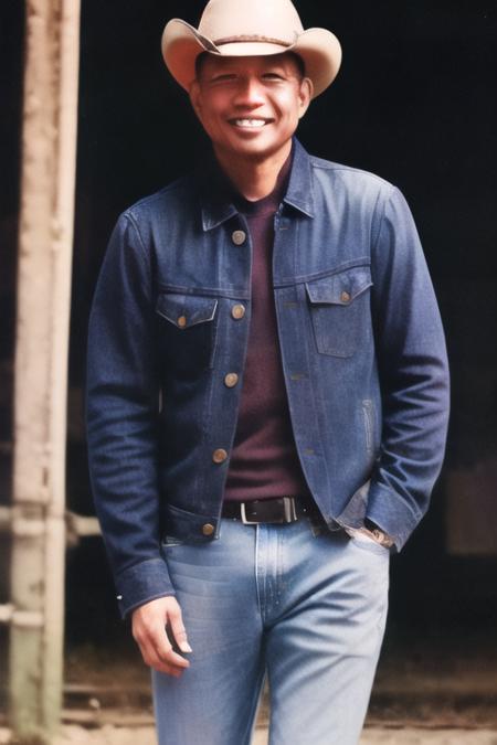 (masterpiece, high resolution, clear outlines, ultra-detailed), 1boy, cowboy shot, isiwarakanji, focus on face, beautiful detailed eyes, blue_jacket, blue_pants, denim, denim_jacket, hat, jacket, jeans, male_focus, open_clothes, open_jacket, outdoors, pants, realistic, shirt, shoes, sneakers, solo, torn_clothes, torn_jeans, torn_pants, blurry, blurry_background, blurry_foreground, smile, depth_of_field, looking_at_viewer, black_eyes, solo <lora:isiwarakanji59:0.9>