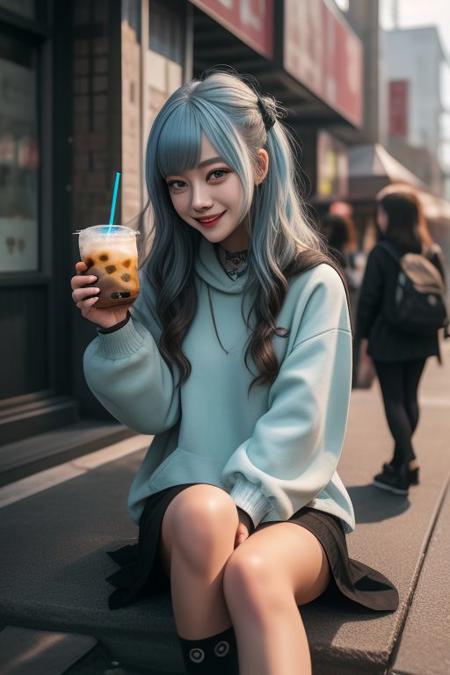 4K,8K. An attractive american gothic punk girl, chestnut very long wavy hair, wide dreamy light blue eyes, wide smile, face close up, (holding a bubble tea,) (dynamic sitting pose, on the street)