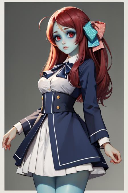 (masterpiece, best quality:1.2), solo, 1girl, minamoto sakura, (zombie, blue skin:1.2), scar on face, expressionless, looking at viewer, ahoge, hair bow, red eyes, wide-eyed, school uniform, underbust, ribbon, long sleeves, skirt <lora:zombielandsaga_minamoto-10:1>