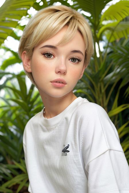 <lora:s4r4hsn1d3r:0.99>, short (blonde hair), simple sweatshirt, in a jungle paradise, perfect sunny day, natural lighting, (candid:1.2, amateur:1.2), RAW, HD, 8K, (close up), face:1.1, highly detailed face, vacation, pale