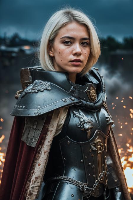 (masterpiece, best quality:1.1), photograph, Porta 160 color, shot on ARRI ALEXA 65, bokeh, depth of field, shot by Don McCullin, (blemishes, skin pores, textured skin:1.1), sharp focus, vibrant colors, PA7_Photo, PA7_Human-Likeness, volumetric lighting, <lora:detail_slider_v4:1>, <lora:FujiVelvia50:0.5>, <lora:GoodHands-beta2:0.8>,
solo, 1 girl, adult  woman,  jade eyes, (white hair:1.25), half-up half-down hairstyle hair,  grim determination,  <lora:edgWar40KAdeptaSororitas:0.85>, edgAdepta, wearing edgAdepta, power armor, shoulder armor, skull emblem,   grimy, dirty, billowing cape,
(epic, cinematic:1.1), grim dark, battlefield in background,  explosions, , flares, dense smoke rising, particle effects, (wind blowing:1.1), darkness,    <lora:epi_noiseoffset2:0.6>,