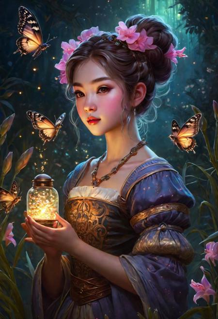 AssasinMonkey Art,   Harajuku girl holding voodoo doll amidst swarming fireflies, turbulence captured in the sway and curve of a nearby gladiolus, intricate floral details, late 18th to 19th-century brushwork blending, intense expression in the girl's eyes, flicker of firefly glow captured in oil, soft background with Art Nouveau influences, warm color palette, dramatic lighting, ultra detailed, digital painting
style Jamie Wyeth James Gillard Edward Hopper Greg Rutkowski Studio Ghibli Genshin Impact