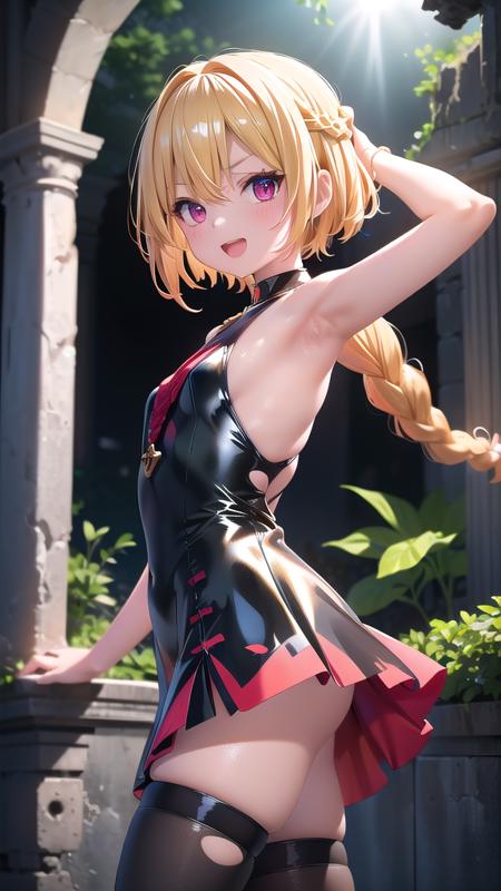 one cute girl,solo,short stature,red eyes,reproachful eyes,((jitome:1.2)),blonde hair,midium short hair,Hair bounced to the side,hair intake,long braid,hair between eyes,beautiful chest,
amber one-piece dress,black long skirt,goddess,torn amber tights,no eye highlights,serious look,armpits,
open mouth,smile,shiny skin,high resolution,(symmetrical clear eyes:1.3),
(((ruins background))),sense of depth,4k,absurdres,(from side),dynamic pose,best quality,masterpiece,Detailed illustration,Destructive art,opulent,(Ray Tracing,Illustrated,Reflected Light),