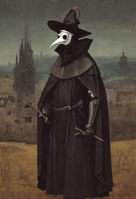 Bosch painting, Plague Doctor, cyberpunk style