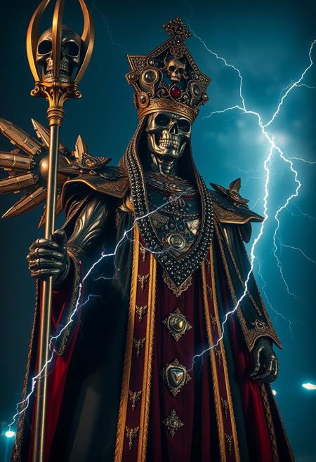 , 16k, raw, (ultra high picture quality), (intricate details), extremely realistic, ultra sharp focus, ((bottom lit/)/(underlighting)), full body,  epic view, ((dynamic photograph of a giant macabre riveted chrome and gold mechanical deity ) (tall jewelled mitre crown) (black and red smock), (holding a long magical pike sceptre, stylized sceptre of power with a black skull at the top), ( is destroying the city)), (outside late at night during an electrical storm), dealers of death, staring into the dark abyss, zoomed in, harbinger of sorrow, 
[horror , (double exposures), (low opacity overlays), nighttime, outdoor] , chaos background