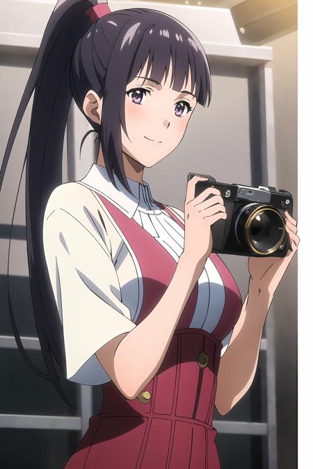 masterpiece, key visual, 1girl, solo, smile, dark blue hair, blunt bangs, high ponytail, t-shirt dress, holding a camera, taking picture, camera, purple eyes, ayame_yamagowa