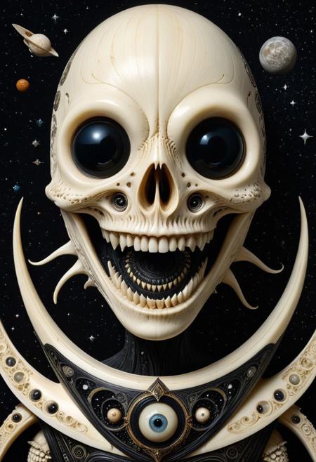 masterpiece,ultra-high resolution,incredible composition,extremely detailed, 
Ebony and Ivory Scrimshaw style monster  with googly eyes, sharp teeth, rage extraterrestrial inside it, in space. made of enchanted  Macabre made out of, ebony, ivory, scrimshaw, bone carving