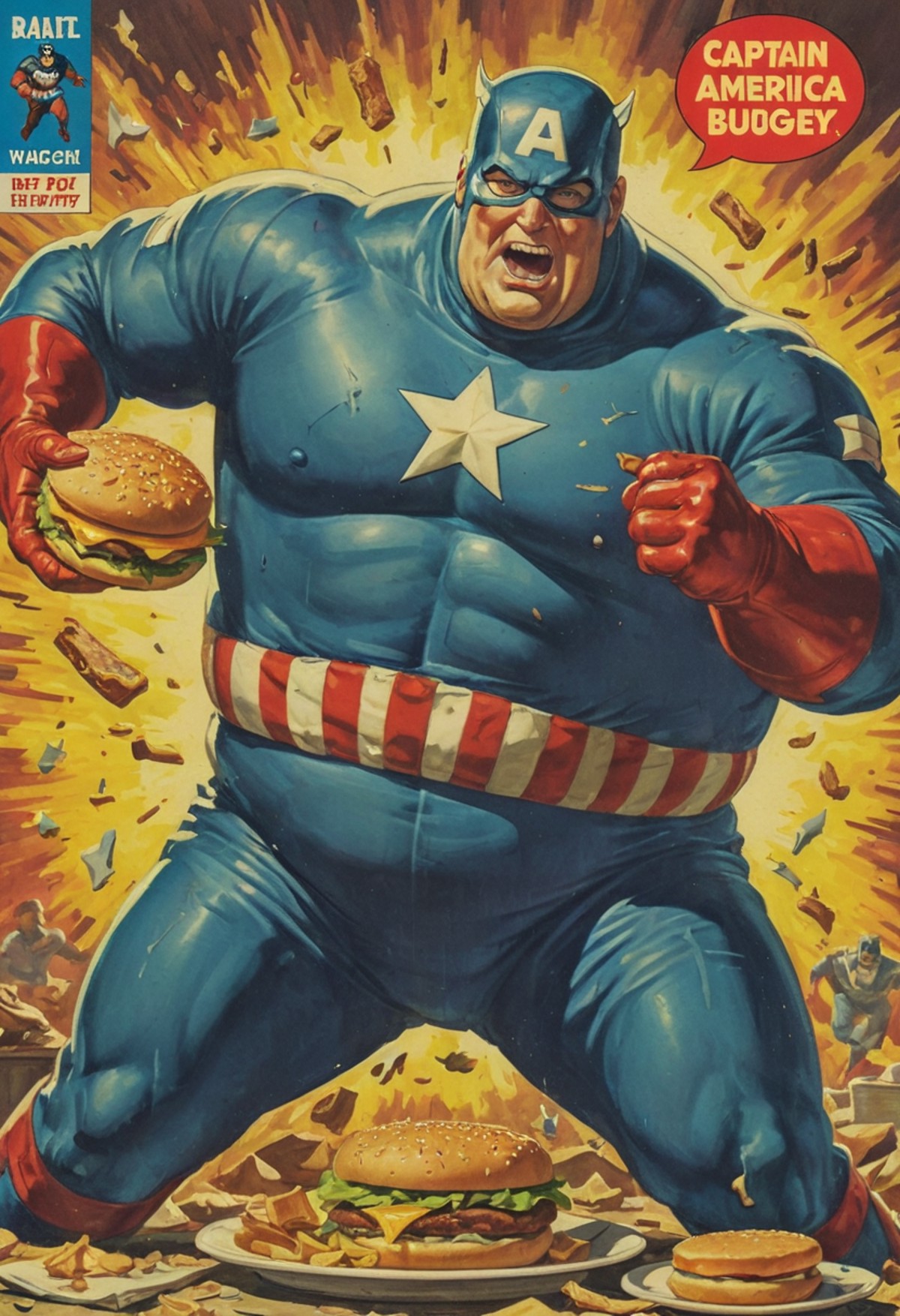 vintage comic book cover of obese captain america in (inflated fatsuit captain america suit:1.4) eating burgers