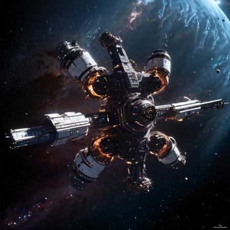 Design a breathtaking scene set in the vastness of space, where a futuristic spaceship is gracefully docking with a massive space station. Imagine this spacecraft as a marvel of human engineering, with sleek lines, glowing accents, and an array of advanced technologies on display. The space station, a towering structure with intricate details and multiple docking ports, serves as a bustling hub of interstellar activity.

As the spaceship aligns perfectly with the docking bay, highlight the intricate dance of mechanical arms and magnetic locks securing the two structures together. Add a dramatic touch with a vibrant nebula glowing in the background, its vivid colors contrasting the dark void of space. Enhance the sense of depth and movement with stars streaking across the scene, creating a captivating starfield.

Include subtle lighting effects to showcase the reflective surfaces of the spaceship and space station, emphasizing their metallic sheen. Perhaps add a few smaller vessels or spacewalkers nearby, providing a sense of scale and additional visual interest. The overall composition should evoke a sense of wonder, showcasing the beauty and excitement of space exploration and the potential of human ingenuity in the future.
