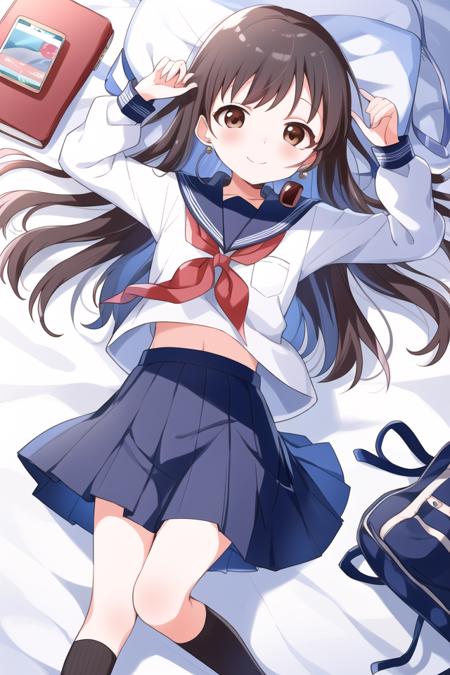 masterpiece, best quality, masterpiece,<lora:Buchi-4:1>, Buchi, 1girl, solo, skirt, school uniform, lying, phone, serafuku, brown eyes, socks, cellphone, earphones, bag, red neckerchief, neckerchief, book, smartphone, pleated skirt, white socks, shirt, white shirt, long hair, long sleeves, on side, sailor collar, looking at viewer, blue skirt, bed sheet, school bag, brown hair, bangs, smile, closed mouth, blush, digital media player, earbuds, arm up, from above, black hair, blue sailor collar, kneehighs, midriff peek, no shoes