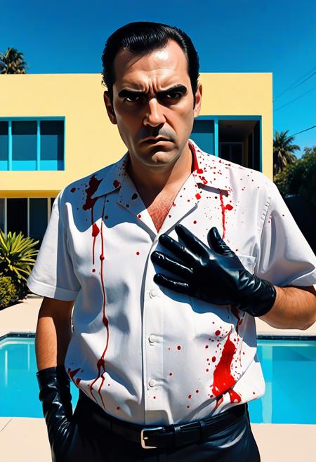 devastatingly handsome Miami blood spatter analyst in a guayabera Cuban shirt, thick dark eyebrows, close-set eyes with thick lashes, bedroom eyes that are completely empty and soulless, European nose, angular face with square jaw, perfect proportions, standing and looking directly at viewer with intense Kubrick stare, head tilted slightly down while eyes look up, unsettling fixed gaze with no emotion behind the eyes, wearing black leather gloves, holding a scalpel, arms at his side with hands hanging at waist level, handsome facade masking complete emptiness, full body, crime scene tape,, vibrant acrylic painting style, bold flat colors, clean geometric compositions, bright California sunlight, crisp shadows, modernist architecture, swimming pool blue tones, perfectly manicured landscapes, mid-century modern aesthetic, saturated color palette, smooth gradients, minimal detail work, contemporary pop art influence, architectural precision, optimistic 1960s atmosphere,