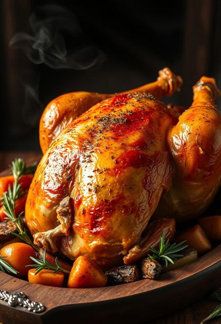 A perfectly roasted whole chicken with golden, crispy skin glistening from a light herb butter glaze. The chicken is placed on a rustic wooden platter, surrounded by roasted vegetables like carrots, potatoes, and rosemary sprigs. Steam rises gently, indicating it's fresh from the oven. Warm, moody lighting with soft shadows to highlight the texture and juiciness of the chicken. Gourmet food photography style, high detail, ultra-realistic, 4K resolution, shallow depth of field, cinematic atmosphere.