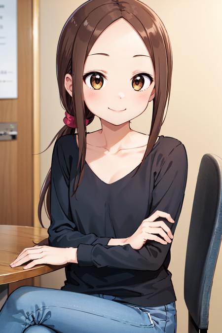 masterpiece, best quality, highres, 1girl, cctakagi, long hair, low ponytail, collarbone, black shirt, long sleeves, blue pants, jeans, <lora:takagi-san_v1:0.7>, smile, chair, indoors, crossed legs,