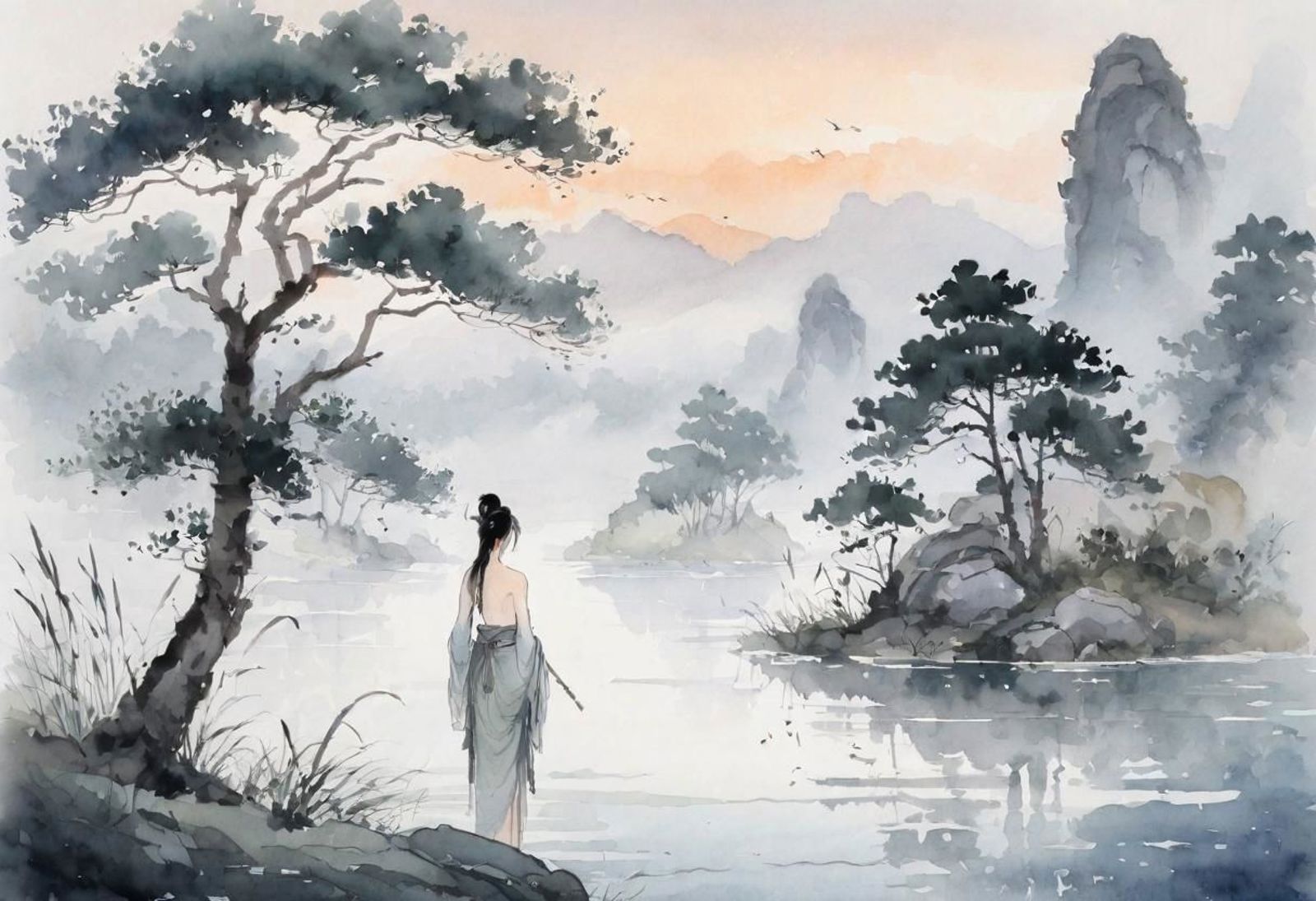 A painting of a woman in a white dress standing near a body of water.
