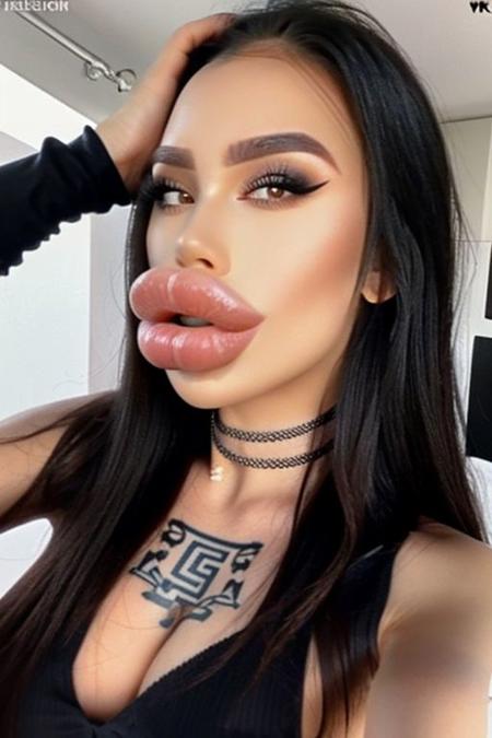 WeightChubby, emo girl, pale skin, tattoos, black hair, bangs, extra tattoos, black choker, black bracelets, skindentiation, eyes crossed, bimbolips, plump, sexy, front view, 4k, ultra hd, masterpiece, high resolution, high definition, clearest image ever, hyper realistic, enormous lips, huge lips, biggest lips ever, juicy lips, full lips, overfilled lips, hyper lips, fake lips, lips stick out past her cheeks
