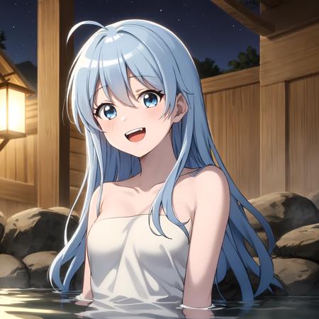 best quality, (masterpiece:1.1), detailed, 4k, 8k, sharp focus, indoors, anime, fantasy, night, water, partially submerged, fog, forrest, onsen, blurry background,
<lora:chara_BenriyaSaitousanIsekainiIku_Lafanpan_v1:0.8>, smile, open mouth, teeth, small breasts, collarbone, tilted head, bath towel, towel,
lafanpan, blue eyes, ahoge, 1girl, blue hair, very long hair, <lora:style_animeScreenshotLikeStyleMixLora_v10:0.3>