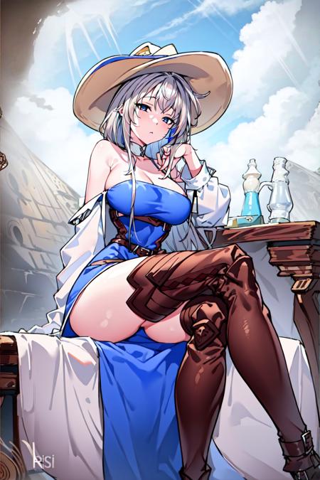 masterpiece, best quality, 1girl, <lora:BF-000016:1>  <lora:Azure:0.55>cowboy_hat,blue dress,brown thighhighs, boots,white hair,crossed legs,