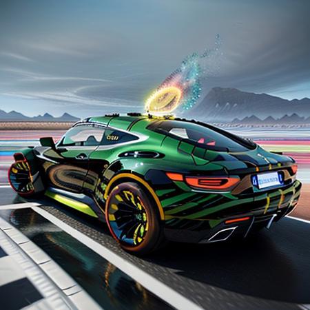 green and black water colors striped futuristic car,  8k,  extreme detail,  realistic, perfect, no mistakes, amazing, epic, vibrant colors, sparkling, shining, symmetrical, cool, nitro boosters on car