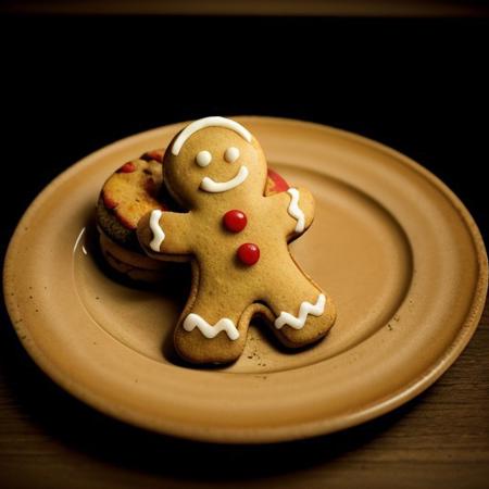 Gingerbread_Man, food, cookie, food focus, no humans, depth of field, moody ambience, spotlight, 
pizza