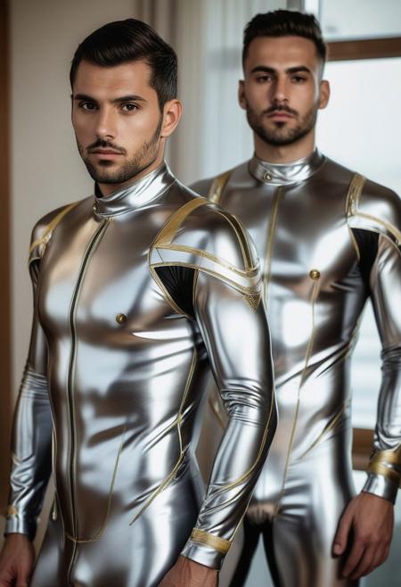 two strong 28-year-old italian males, with a side fringe curtains hairstyle, detailed face, confused expressions, wearing a skin tight silver latex futuristic suits with gold and white latex details, wearing skin tight latex jockstraps, standing at attention posture,  on a modern living room, looking to the camera, detailed face, professional photography, shot on sony a 7RIII , looking to the camera,  detailed skin face and eyes, natural lighting ,  film grain, low contrast, natural face,  dark circles under eyes