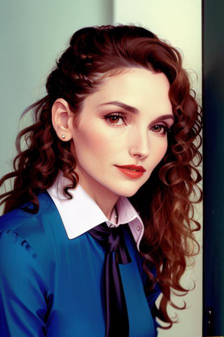 photo of a woman, maryet-1437,((curly hair, ponytail, dark brown hair)), ((bowtie, shirt, skirt, necktie):1.1), (smug, horny), ((closeup, portrait)),((small private office):1.2),((red lipstick ,eyeliner, eye shadow, blush)), ((best quality, masterpiece, extreme details, high resolution):1.2),((detailed eyes, beautiful eyes, detailed face, beautiful face):1.2)