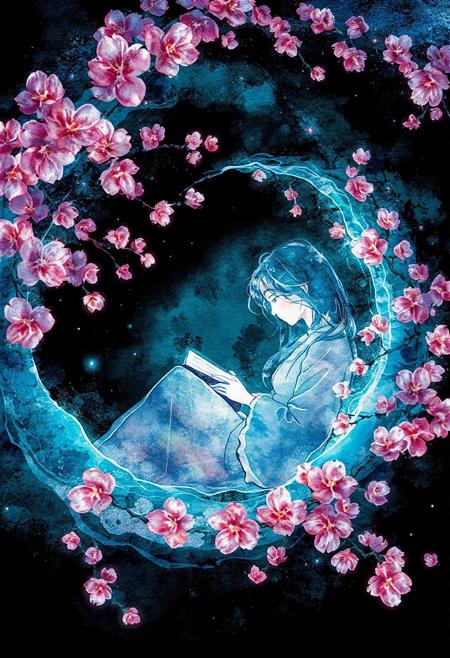 JNANX,luminous white silhouette,cyan glow,emerald highlights,flickering outline,dreamlike movement,rippling colors,drifting embers,infinite black background,psychedelic colors,ethereal,futuristic surrealism,gw,glowing,night,night sky,trippy,
"A delicate watercolor illustration of a 26-year-old woman curled up in the center of a cherry blossom spiral, reading a book, surrounded by swirling petals and flowing ink textures, soft lighting, peaceful expression, dynamic composition, Japanese art style, elegant and emotional