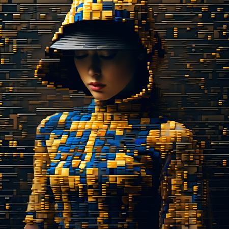 8bit ninja superimposed on a beautifull dress, closeup portrait photography in the style of vermeer and ultra sharp japanese photography