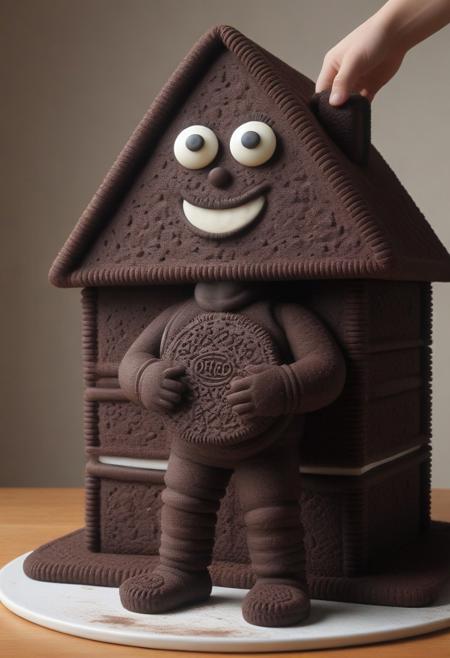 a giant man made of creamy cookie, standing in a creamy cookie house, holding a mini non cookie person in his hand, person is scared and screaming