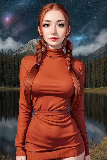 photo of <lora:sunshine-07:0.6>, sunshine, a woman with ((twin tails, twintails, red hair):1.2),((pale skin, red hair)), ((cowboy shot, waist, hips, thighs):1.2), ((turtleneck sweater dress):1.2),((walking,outdoors, at night):1.2),((detailed face, beautiful face, detailed eyes, beautiful eyes):1.1), ((lipstick, eyeliner, eye shadow):1.2),smiling, ((best quality, masterpiece, extreme details):1.2) ((detailed eyes, detailed face):1.2), woman, solo, beautiful, sexy, full body, looking at looking at viewer, magic colorful forest,fluffy tree, blue sky,mountain,4k, concept art,oil painting, realistic trees, beautiful, green grass, fog, stars, supernova, stars at sky, magical, night, ((dark,big galaxy,glowing stars, star light, falling star,comet)), lake,water, reflection, adorable, (extraordinary:0.6),