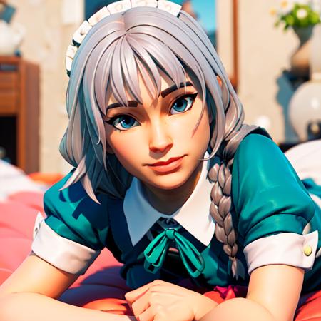 (masterpiece:1.2, best quality), FortniteStyle, 1girl, maid, apron, grey hair, laying down, ((girl's pink room:1.2)) <lora:Fortnite-000007:0.79>  <lora:izayoi_sakuya_v1:0.5>  ,sakuya1, izayoi_sakuya