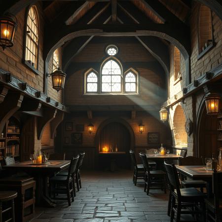 large medieval tavern, 8k, real photo, dungeons and dragons