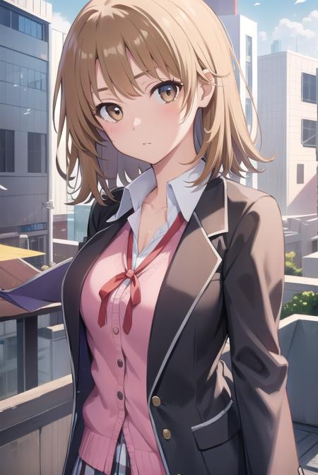 irohaisshikitest, <lora:irohaisshikitest:1>, iroha isshiki, short hair, brown hair, (brown eyes:1.5),
BREAK skirt, shirt, ribbon, school uniform, jacket, white shirt, open clothes, socks, open jacket, black jacket, plaid, kneehighs, plaid skirt, blazer, cardigan, black socks, pink cardigan, sobu high school uniform,
BREAK outdoors, city,
BREAK looking at viewer, BREAK <lora:GoodHands-vanilla:1>, (masterpiece:1.2), best quality, high resolution, unity 8k wallpaper, (illustration:0.8), (beautiful detailed eyes:1.6), extremely detailed face, perfect lighting, extremely detailed CG, (perfect hands, perfect anatomy),