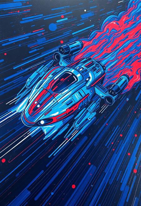 A hyper-stylistic, extremely detailed image depicts a breathtaking image, crafted from a combination of smeared red and blue metallic paint. A large intergalactic starcraft traveling light speed through space is captured in a streaked motion, as if it is moving rapidly in one direction. The blue paint is applied in bold, dynamic strokes, creating a sense of energy and movement that is contrasted beautifully by the red accents. The red paint is used to highlight the starcrafts features, adding a sense of depth and dimensionality to the image. The overall effect is one of breathtaking, surreal dynamism, as if the viewer has captured a fleeting moment in time. Every detail of the image is meticulously crafted, from the delicate, swirling patterns of the red paint to the intricate, textured patterns of the blue paint. The contrasts between light and dark, color and texture, create a sense of tension and energy that draws the viewer in, inviting them to explore the kinetic world of the painting. highest-Quality, intricate details, visually stunning, Masterpiece