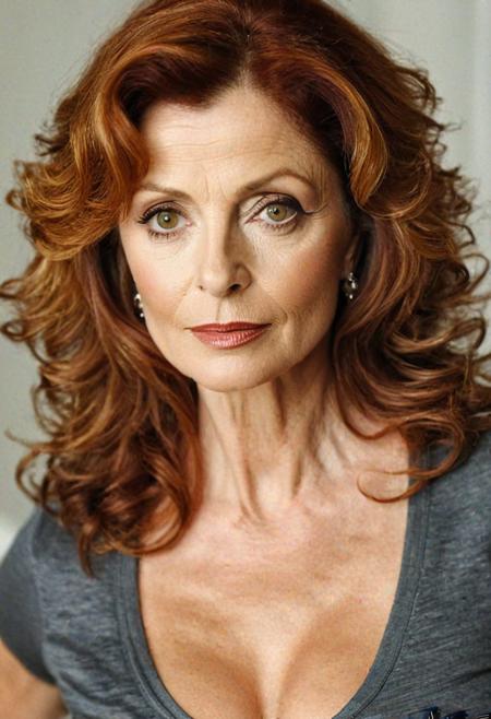 cinematic film still, ((professional photography)), ((masterpiece)), (((photorealism))), perfect focus, centered, medium shot of beautiful, mature, long-haired,  busty, well-endowed, Susan Sarandon looking to camera, (wearing tight T-shirt reading "GILF UNIVERSITY":1.3), (tight jeans:1.3), (very well-endowed:1.3), ((very long auburn hair:1.3)), natural skin, professional makeup, glossy lipstick, (soft, warm studio lighting:1.3), professional photography, Nikon 35mm lens, bokeh, diffused light